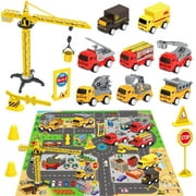 Exercise N Play Kids Construction Vehicles Toy Set, Engineering Cars Playset with Car City Map, Mini Pull Back Cars, Gift for Boys Girls 3 4 5 6 Years Old