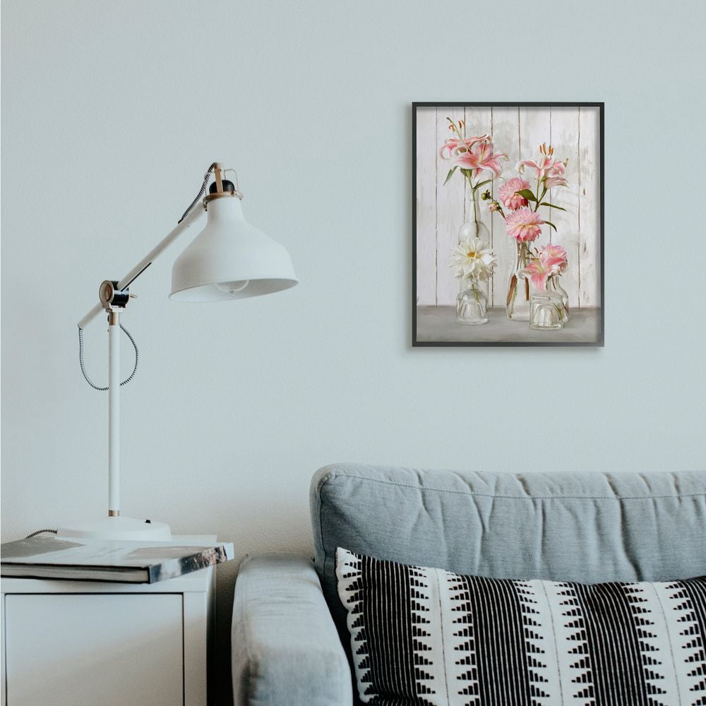 Stupell Industries Spring Pink Florals in Glass Jars Feminine Rustic Flowers Framed Wall Art Design by Ziwei Li, 16" x 20", Black Framed