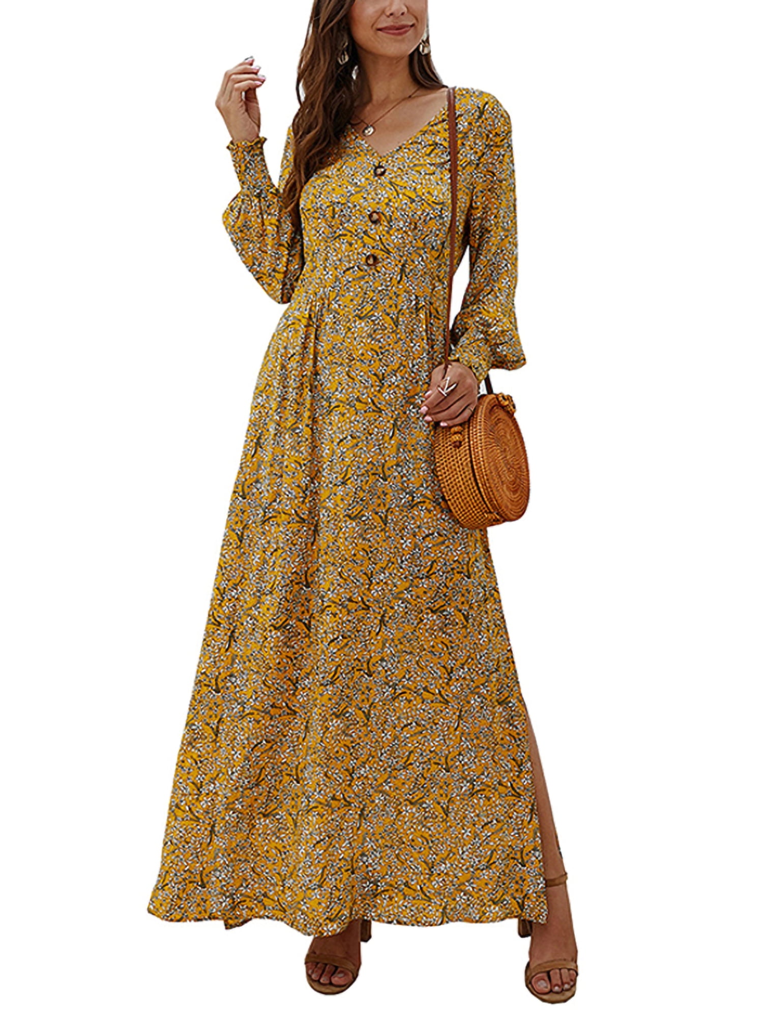 Sexy Dance Long Sleeve Floral Maxi Dress For Women Casual Loose V-Neck ...