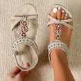 thumbnail image 3 of Rokment Women's Boho Bow Rhinestones Wedges Dress Sandals 2026 Beach Summer Ethnic Comfortable Leather Open Toe Low Heel Slingback Walking Flat Sandals Beige Size 6, 3 of 8