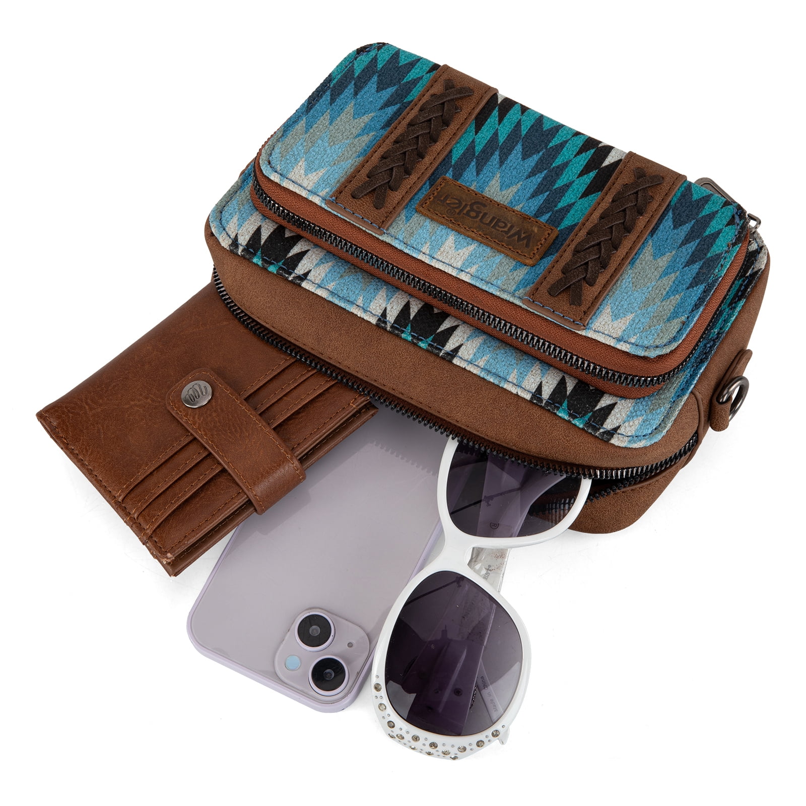 Wrangler Aztec Crossbody Bag for Women Multi Pocket Shoulder Bag Boho Cross Body Wallet Purse, Aztec-Jean