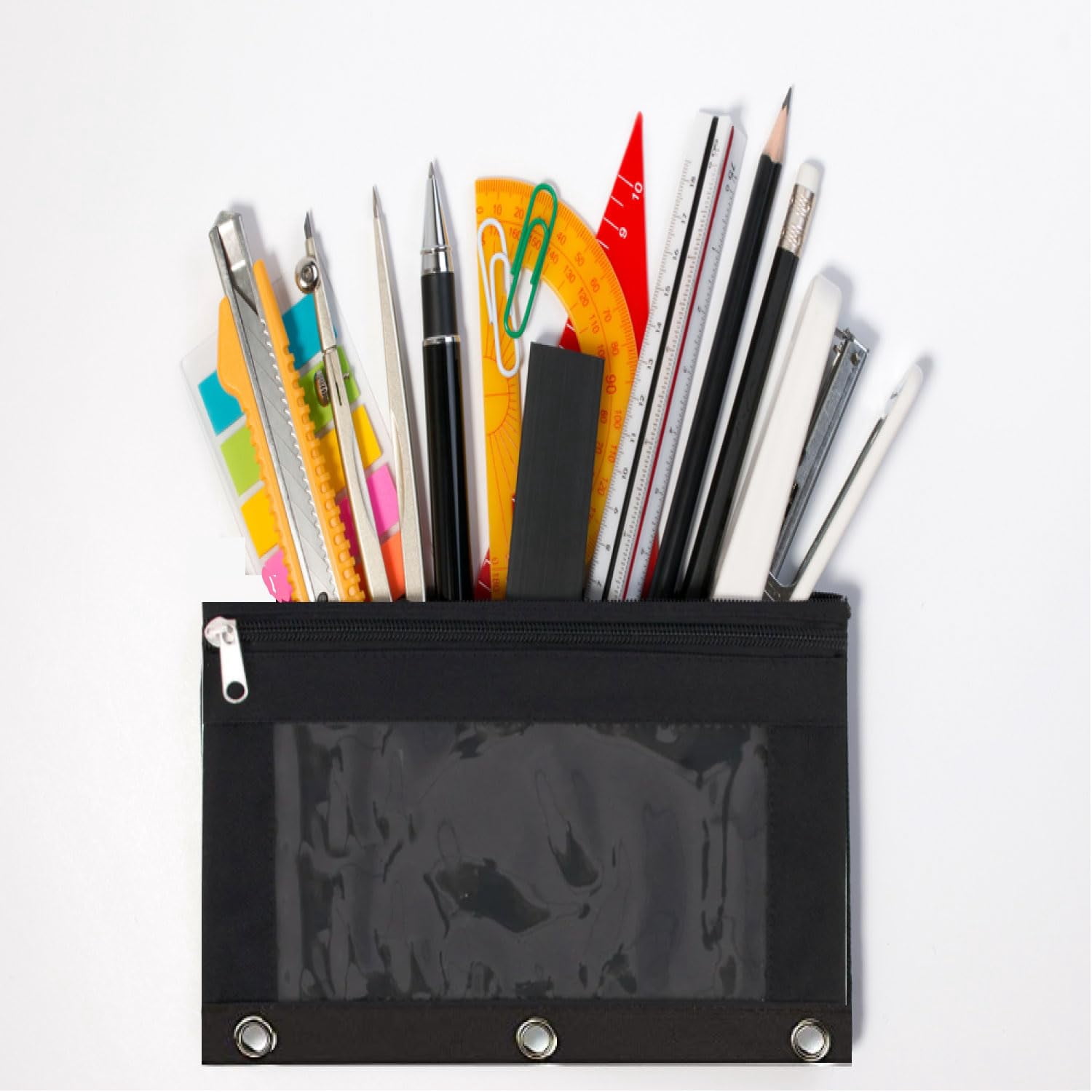 100 Pack of Bulk Wholesale 3 Ring Binder Clear Window Zippered Pencil Cases for Pens, Pencils, Markers, Scissors, Sharpeners, Erasers, Students and Classrooms in Black
