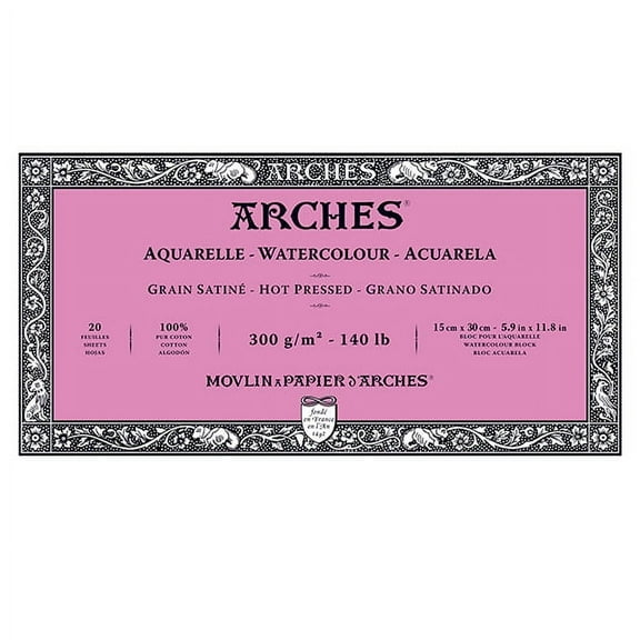 Arches Aquarelle Hot Pressed Watercolor Block 5.9"X11.8"- 140lb, 20 Sheets