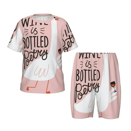 Luyuia Goose Holding Wineglass with Red Wine Print Girls  2-Piece Tie-Dye Pajama Set  Cute Summer Loungewear with Shirt and Tank Shorts Nightwear-Small