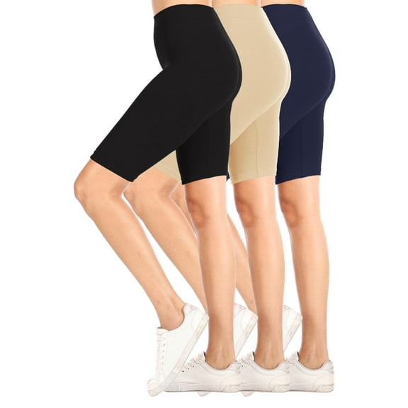 MOA COLLECTION Women's Casual High Waist Stretch Basic Mid Thigh Active Biker Shorts Pants (Pack of 3)