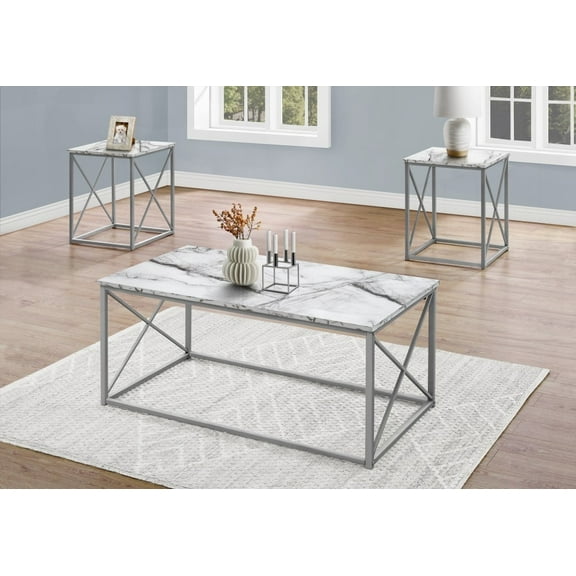 Space-Saving Grey Metal & White Marble Look Coffee Table Set for Living Room