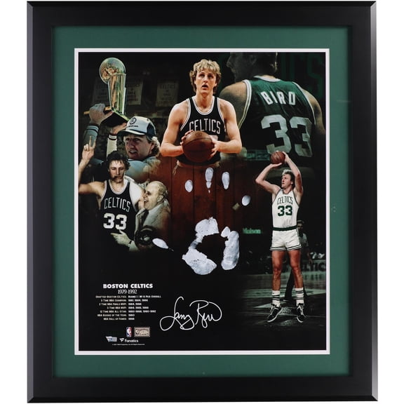 Larry Bird Boston Celtics Framed Autographed 20" x 24" Career Collage with White Acrylic Paint Hand Print - Fanatics Authentic Certified