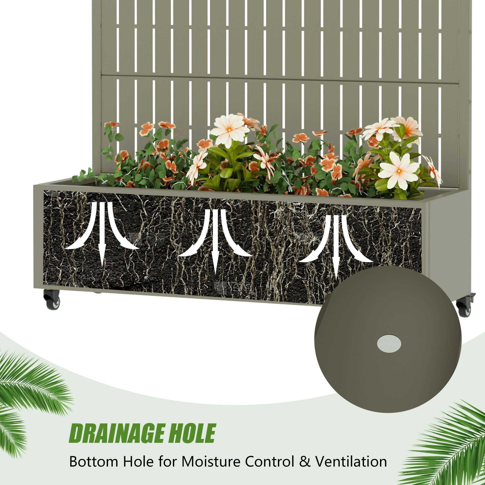 MAYEERTY 72X47" Metal Outdoor Olive Gray Privacy Screen with Planter Box for Backyard & Garden, 5 Piece Set