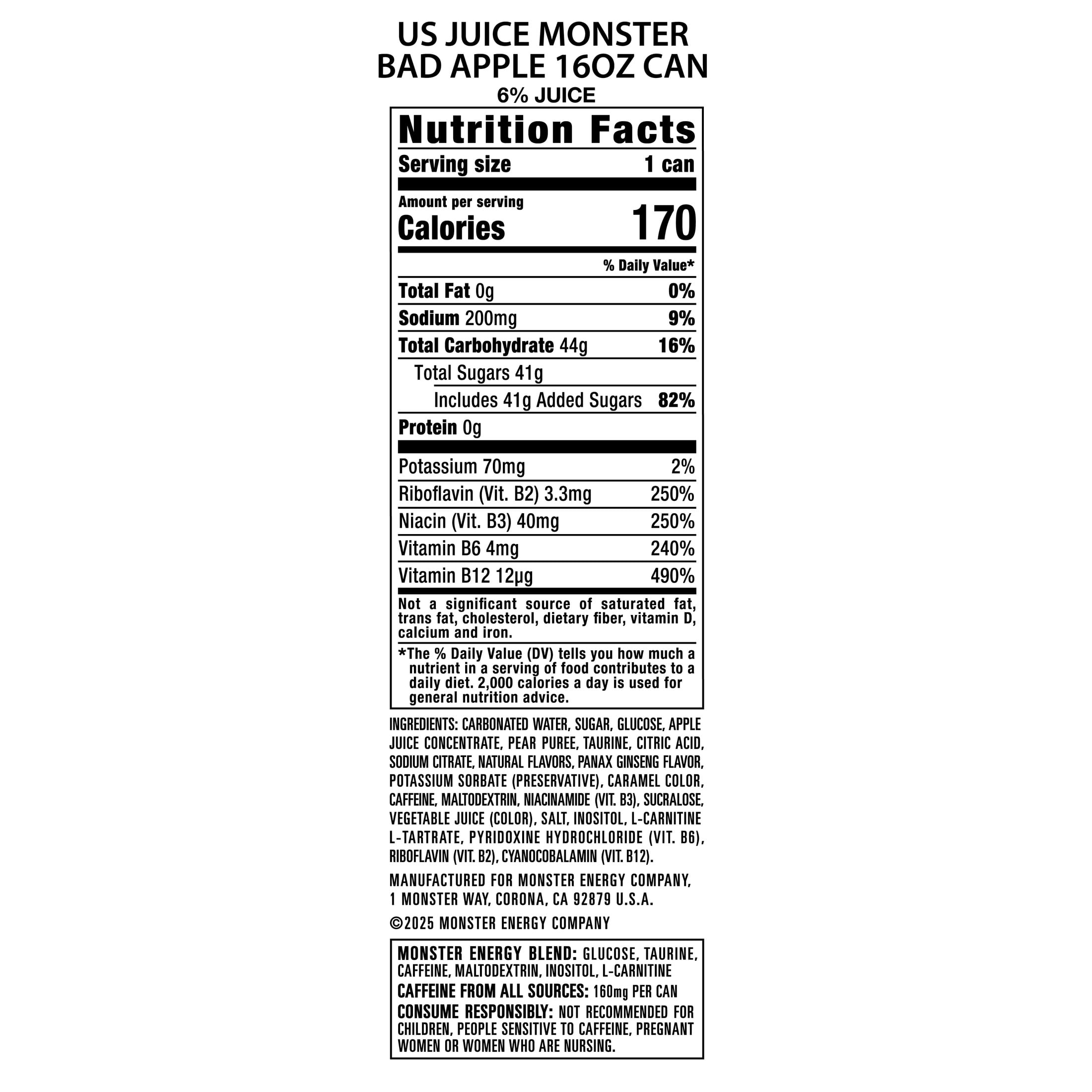 Juice Monster, Bad Apple, Juice + Energy Drink, 16 fl oz, Can