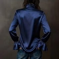 thumbnail image 5 of Women's Satin Button Down Shirt, Long Sleeve Bell Sleeve Blouse, Elegant Solid Color Collared Top for Wrinkle Resistant Formal Office Wear and Daily Outfits Dark Blue L, 5 of 5