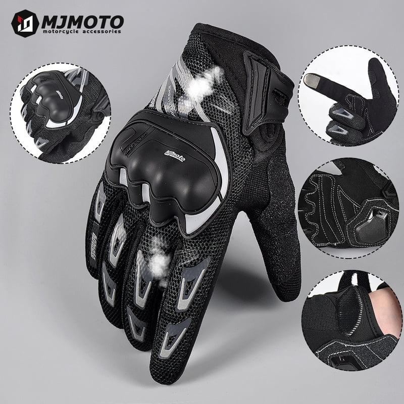 Summer Motorcycle Gloves Full Finger Breathable Bicycle Moto Biker Gloves Touchscreen Ptrotective Glove Gray Reflective at Night