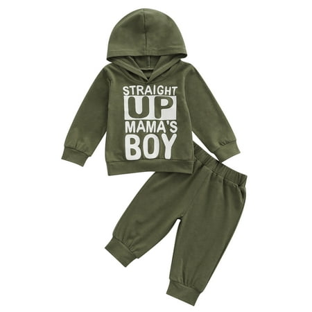 

Sunisery Autumn Kids Baby Boys Clothes 2Pcs Letter Printed Hooded Long Sleeve Pullover Tops Pants Outfits Green 6-12 Months