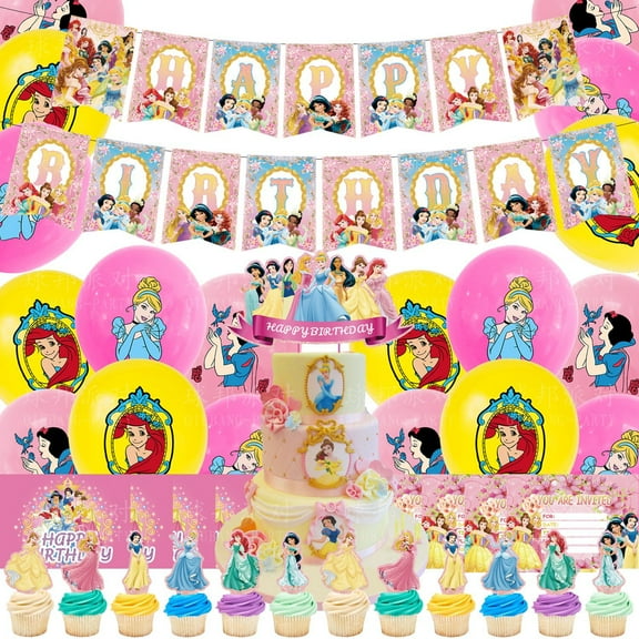 Beauty princess birthday party supplies - Cartoon princess party decorations include Princess balloons, Princess banners, cupcake decorations, etc. for kids
