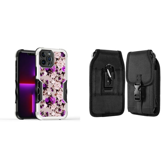 Case and Pouch Bundle for iPhone 14: Heavy Duty Armor Rugged Case (Purple Pink Flowers) and Vertical Nylon Buckle Belt Holster