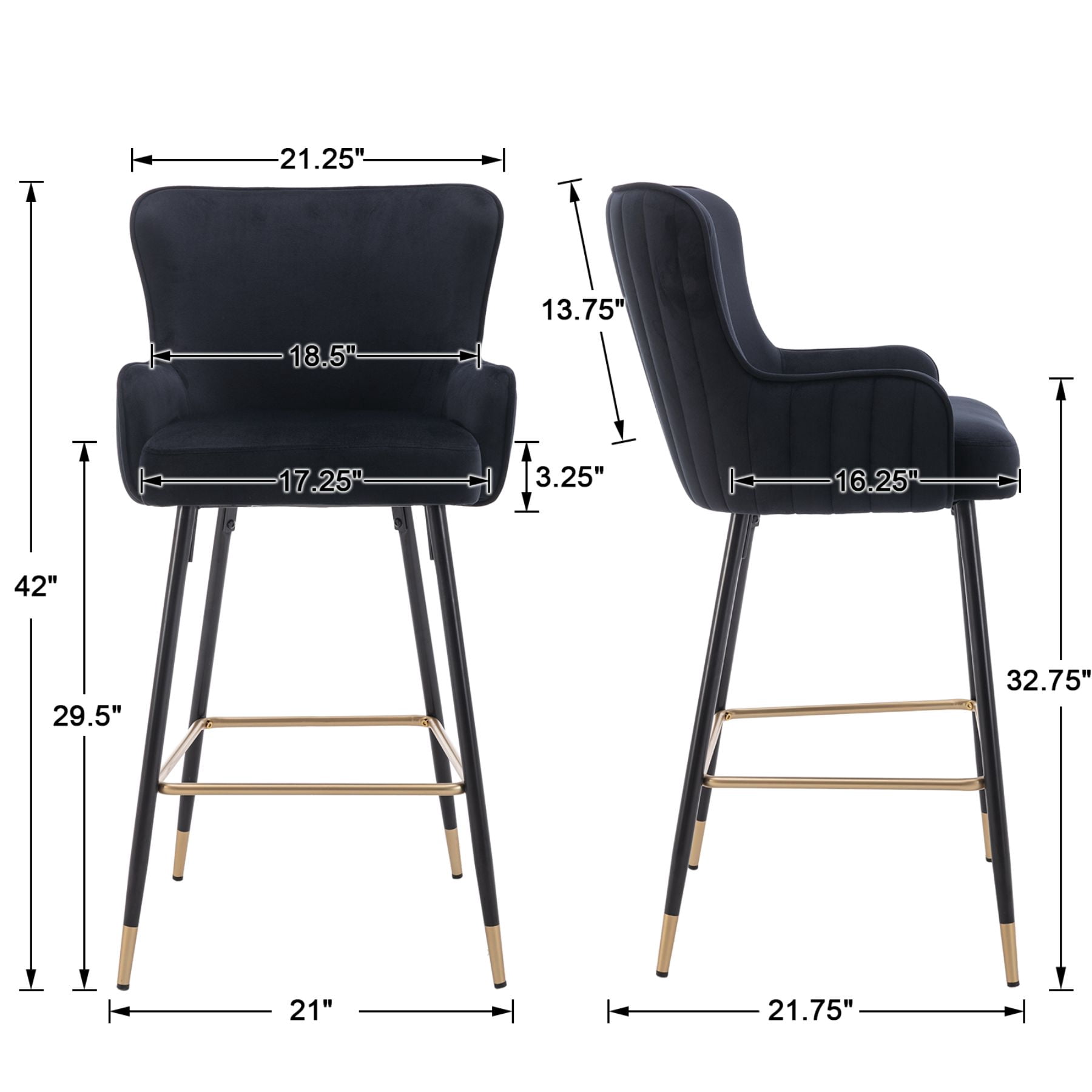 Dayalane 30" Velvet Bar Stools Set of 2, Modern Wingback Counter Height Stools with Gold Footrest for Kitchen Island, Dining Room, Home Bar, Black