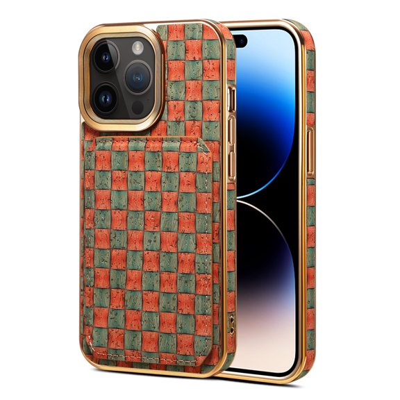 for iPhone 14 Plus Back Case, Luxury Ultra Slim Shockproof PU Leather Card Slot Kickstand Plating Soft Frame Pattern Case Cover for iPhone 14 Plus, Orange