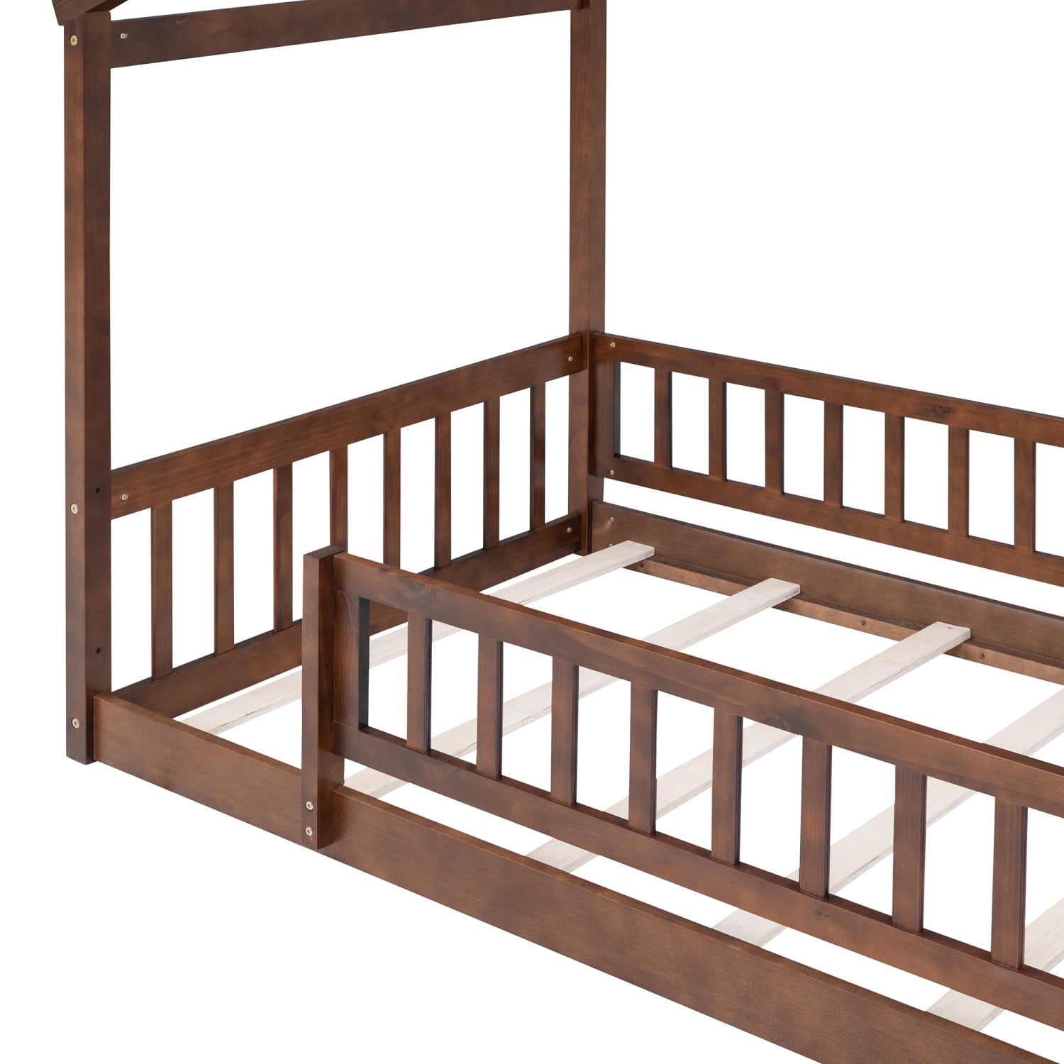 Harper & Bright Designs Twin Size Wood Floor Bed Frame, Twin House-Shaped Bed Daybed with Fence for Girls Boys, Walnut
