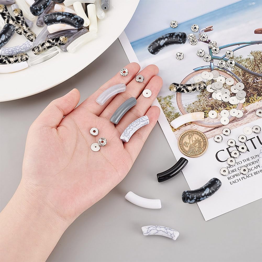 296pcs Acrylic Tube Beads for Bracelets Making Tube Bangles Bracelet Black White Curved Tube Beads Noodle Slide Beads with Spacer Beads for Necklace Bracelet Jewelry Making