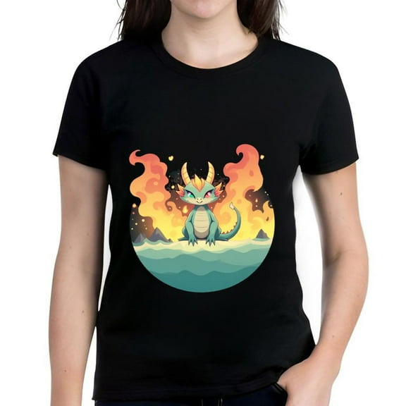 Women's Cotton Short Sleeve T-Shirt with Vibrant Cartoon Dragon Design Body & Fiery Background Perfect for Casual Wear