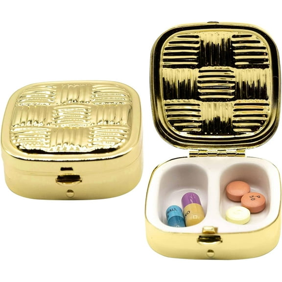 Set of 2 Dual-Compartment Square-Shaped Pocket Purse Pill Box & Organizer (Gold Checker)