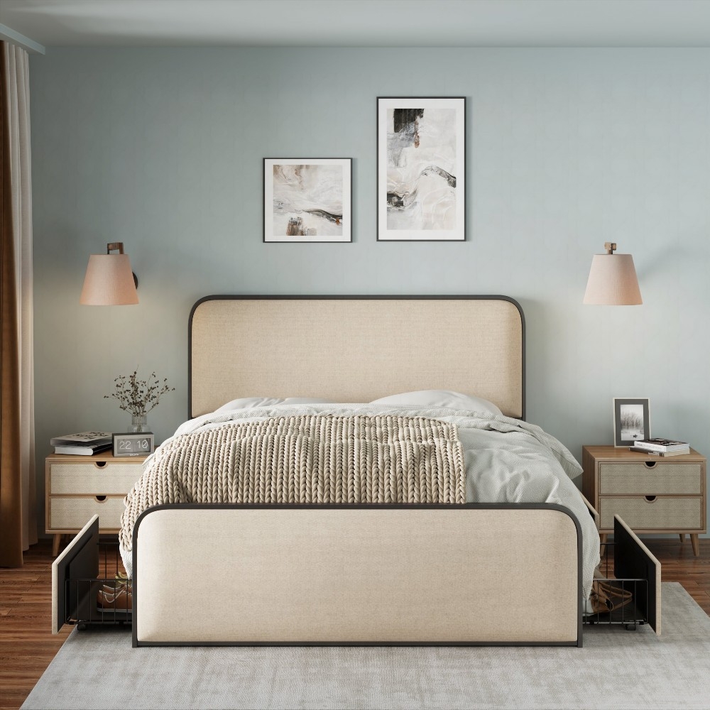 King Size metal bed frame with storage drawers and curved upholstered headboard, beige for master bedroom.