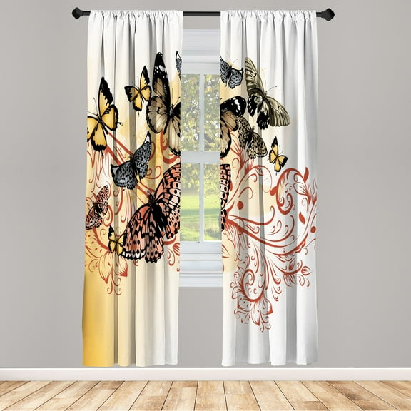 Ambesonne Butterfly Curtains, Vintage Monarch Damask, Pair of 28"x95", Orange White