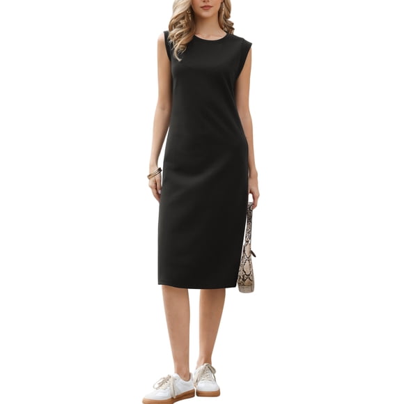 Cap Sleeve Work Dress for Women's Summer Midi Round Neck Casual Split Hem Dresses S Black
