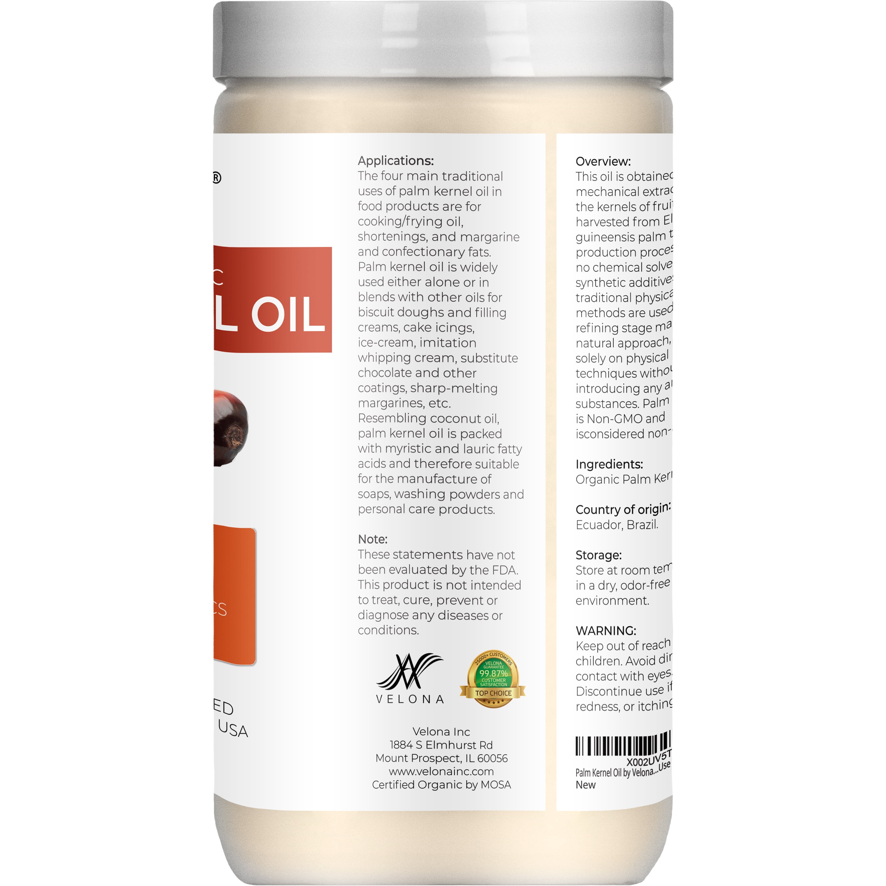 velona USDA Certified Organic Palm Kernel Oil - 64 Fl Oz | 100% Pure and Natural Carrier Oil | Refined, Cold Pressed | Face, Hair, Body & Skin Care | Use Today - Enjoy Results