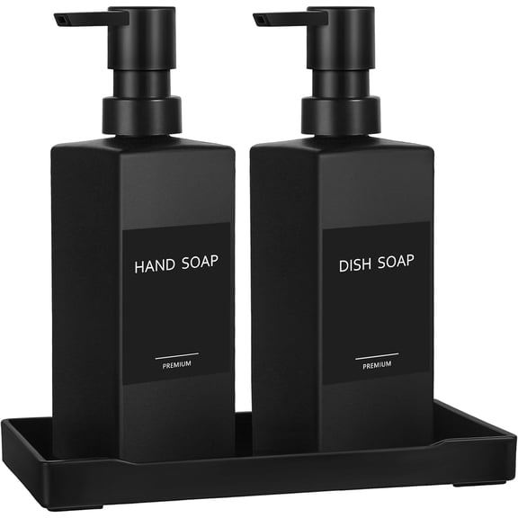 GMISUN Kitchen Soap Dispenser Set, Hand and Dish Soap Dispensers, 12 fl oz/350 ml Black Soap Dispenser with Tray, Glass Dish Dispenser for Kitchen, Liquid Hand Soap and Lotion Bottle Set for Bathroom