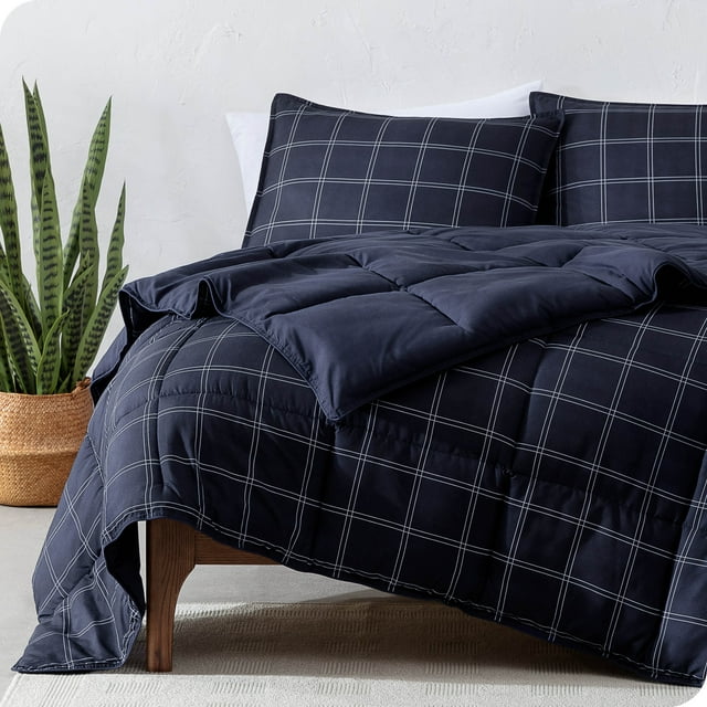 Bare Home Goose Down Alternative Comforter Set - 3 Piece Set - Queen, Dark Blue - Modern Plaid