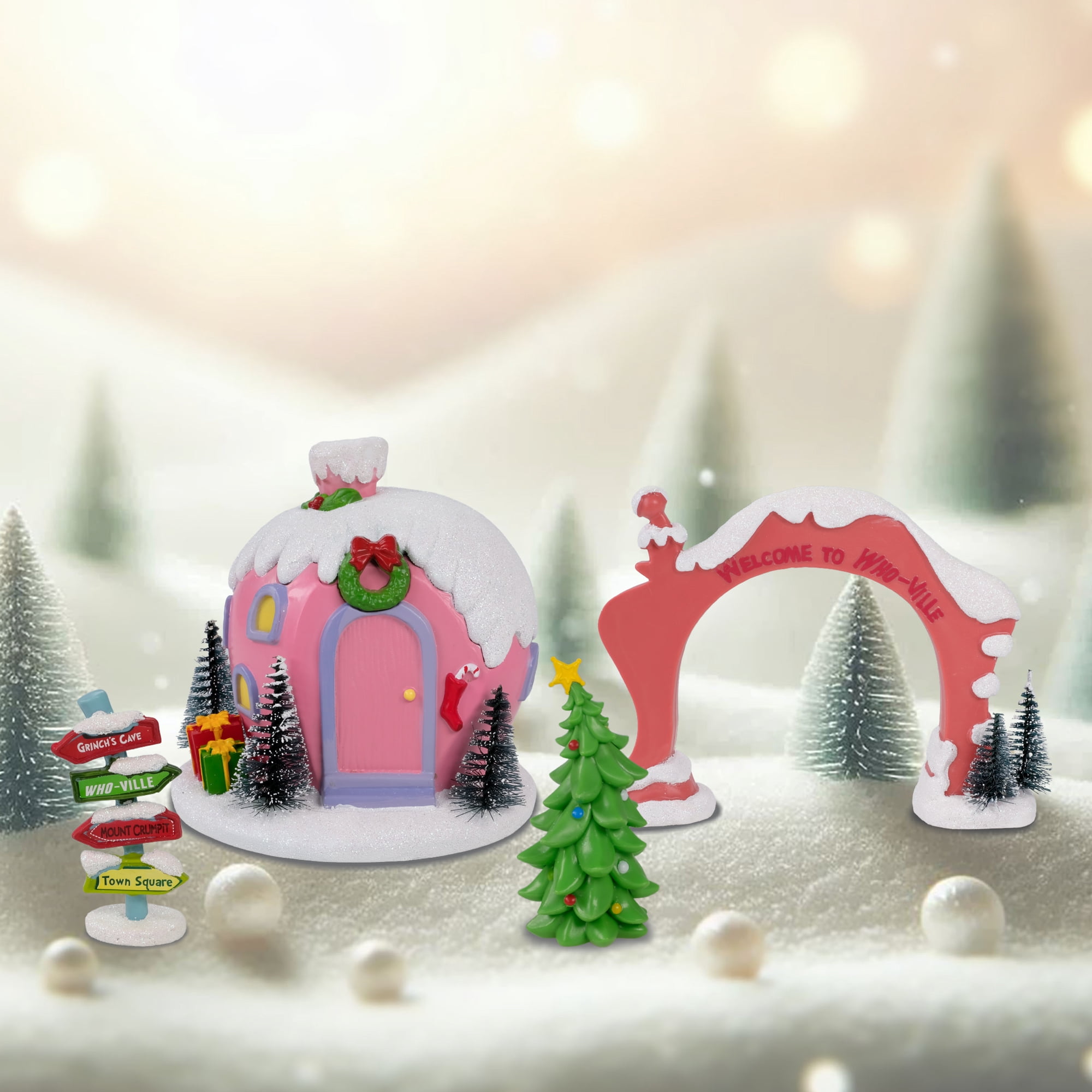 Dr. Seuss The Grinch Whoville Village 4‑Piece Christmas Set — House, Arch, Sign Post & Tree