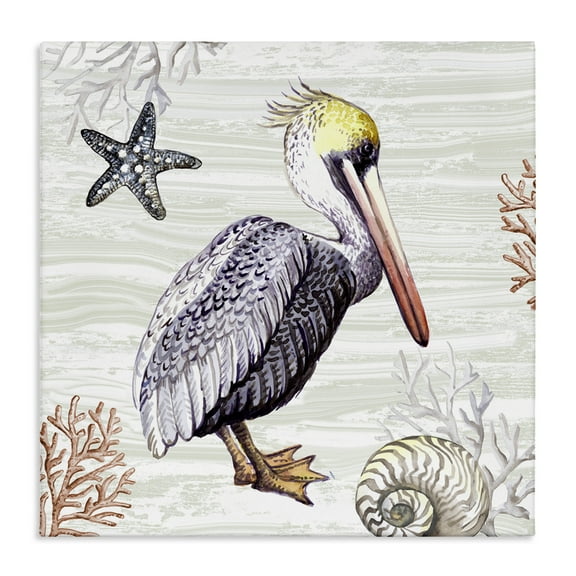 Stupell Industries Beach Bird Pelican Animals Painting Wrapped Canvas Art Print Wall Art, 17 x 17