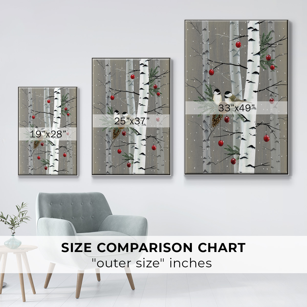 Birch Birds II - Framed Gallery Wrapped Holiday Canvas - 17 x 25 - White Frame