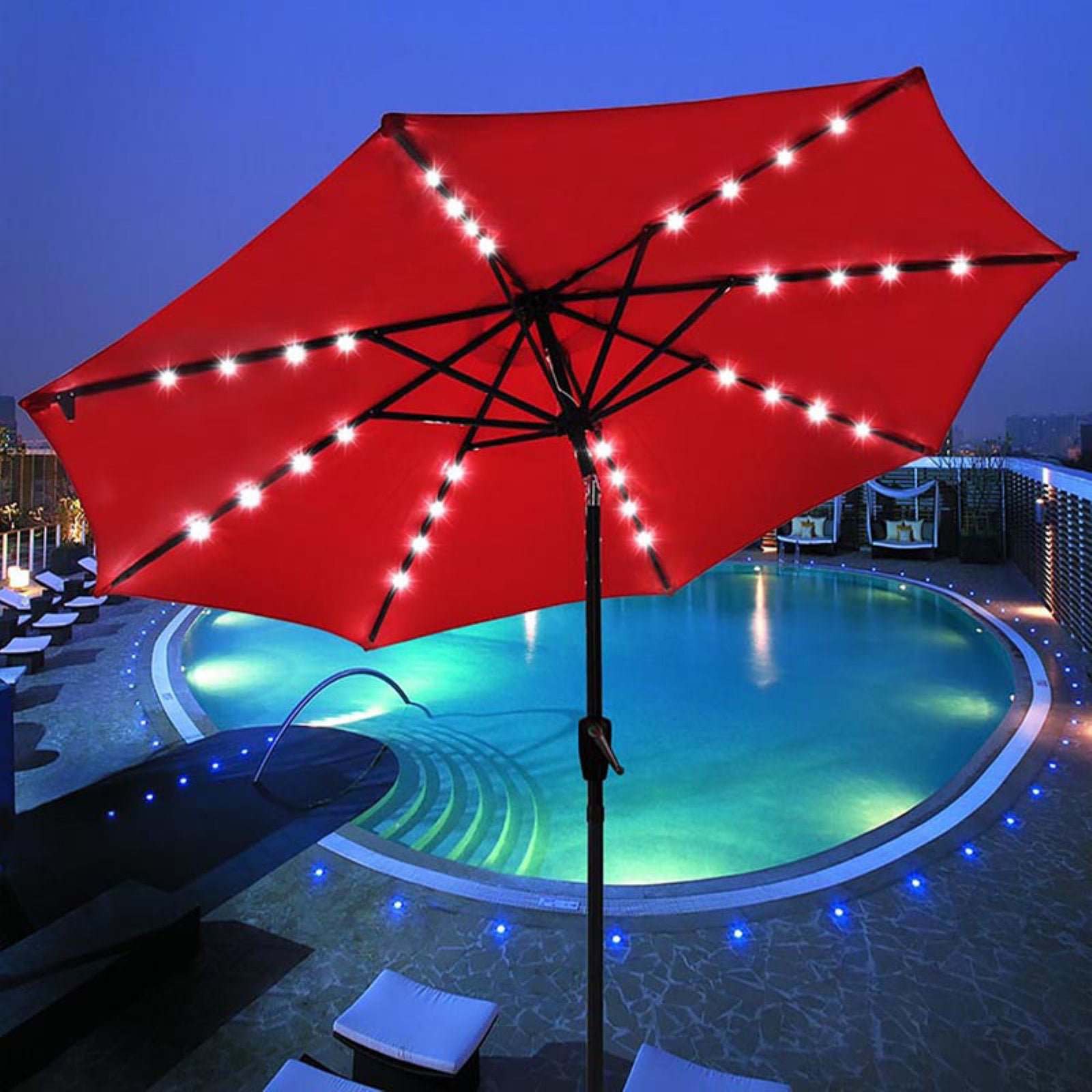 9 Foot Solar Red Round Outdoor Tilting Patio Umbrella
