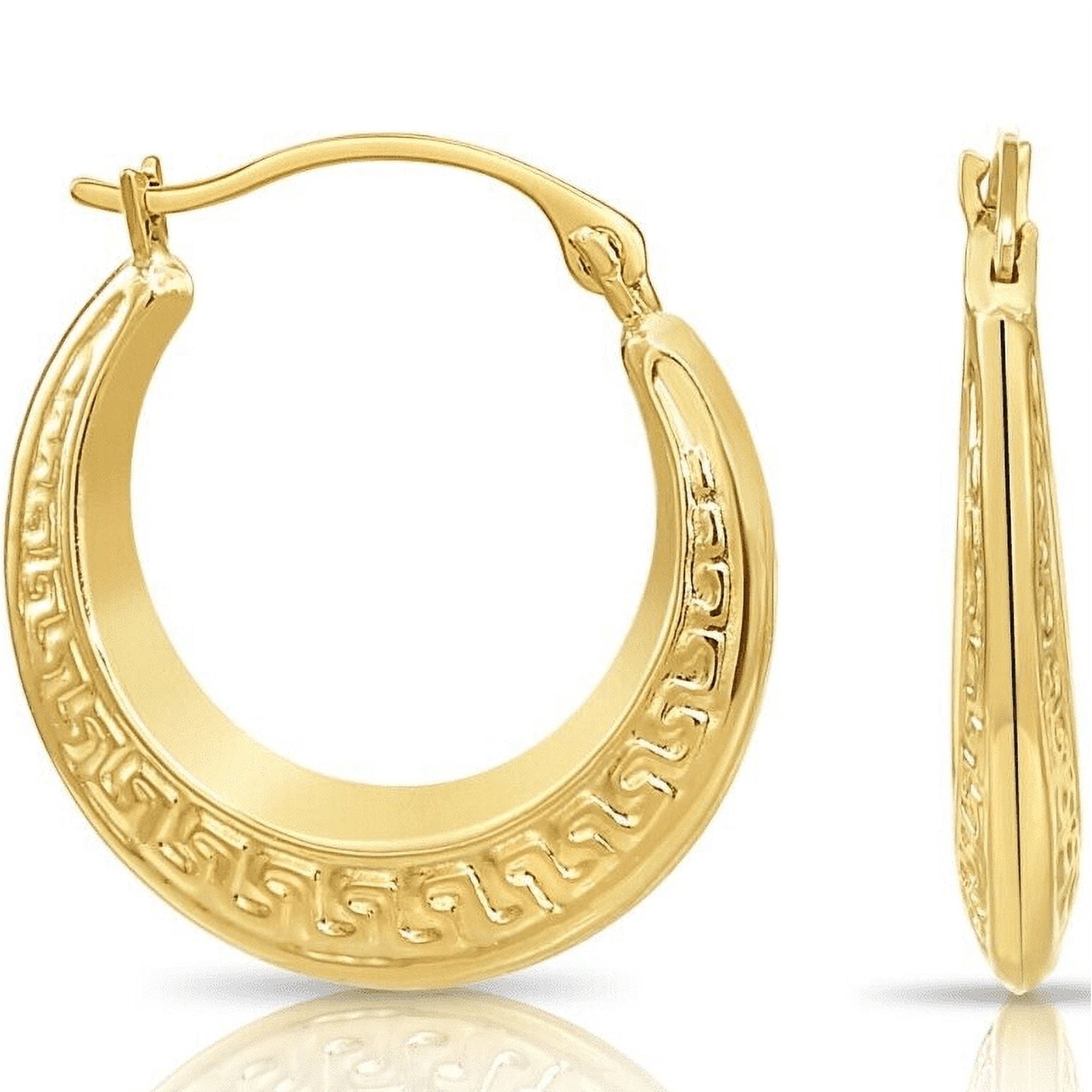 Tilo Jewelry 14K Yellow Gold Greek Key Round Small Hoop Earrings (16mm) for Women & Unisex