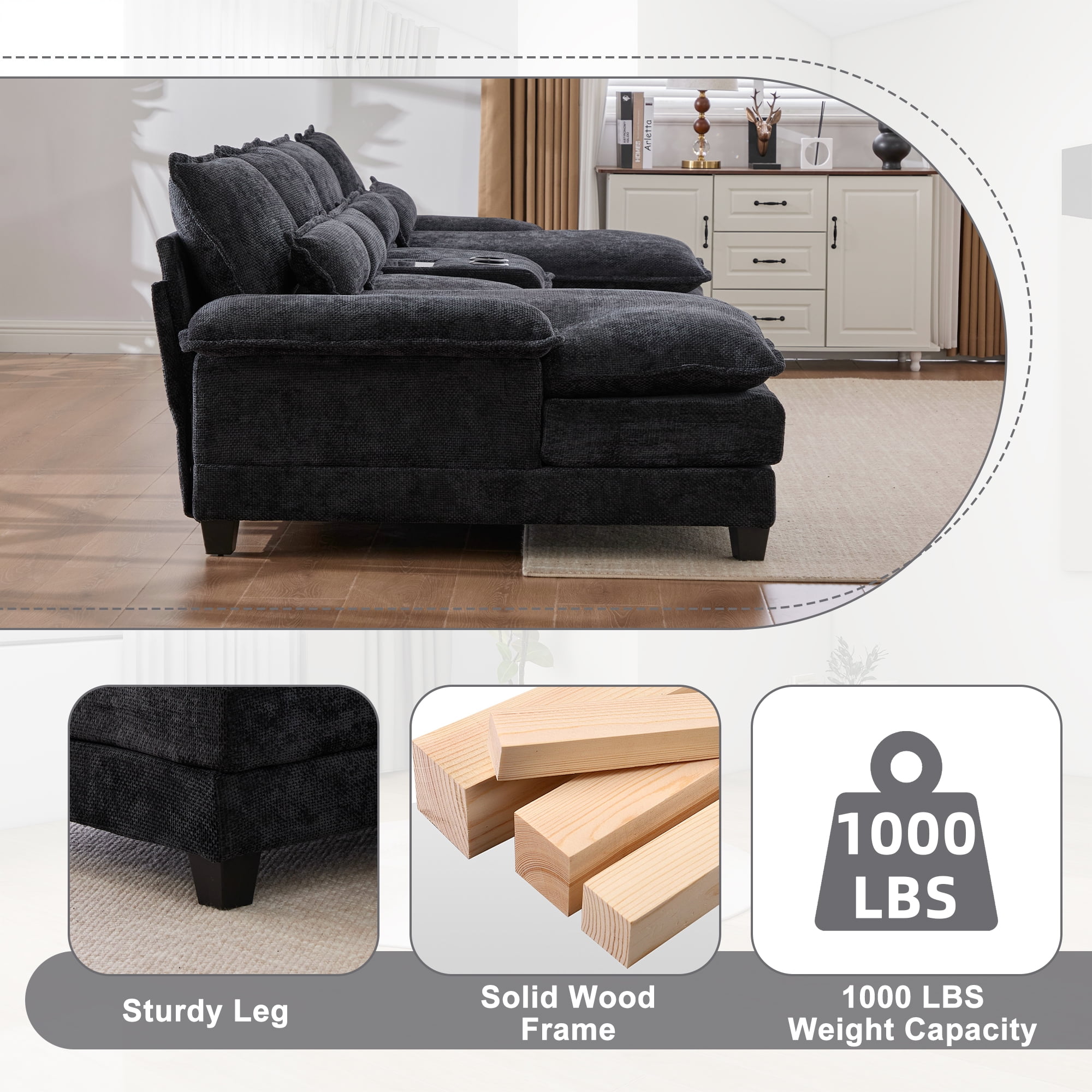 Villeston 126.77" U-Shaped Cloud Sofa With Chaise Lounge, Chenille Sofa With Wireless Charging, Bluetooth Speaker, Two Cup Holders, Storage Drawer, Suitable For Living Room,Black