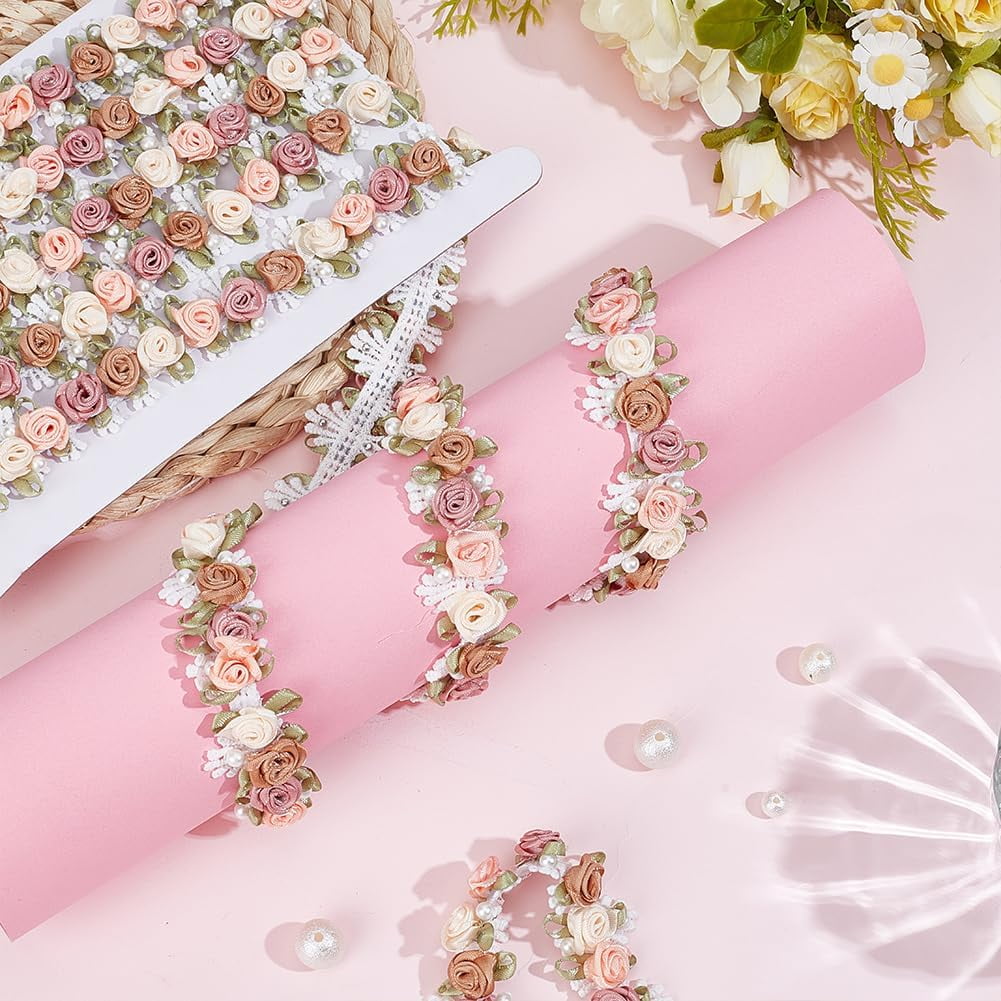 3 Yards Flower Trim Ribbon Lace Edge Trims Vintage Ribbon Vintage Pearl Beads Rose Flowers Embroidered Lace Edge Trim