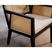 Guyou Rattan Dining Chairs Set of 2, Mid Century Modern Linen Upholstered Dining Room Armchairs, Farmhouse Wooden Kitchen Chairs with Cane Back and Black Hardwood Frame for Living Room, Beige