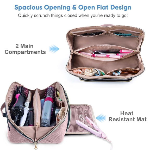 Large Hair Tools Travel Bag with Heat Resistant Mat - 2in1 Organizer for Dryer, Flat Irons, Curling Tools, Makeup & Cosmetics
