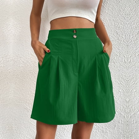 Homenesgenics Shorts for Women Plus Size Lightweight Breathable Sporty Women s Casual Outdoor Button Wide Leg Pants Solid High Waist Versatile Loose with Pocket Quarter Pants Green S