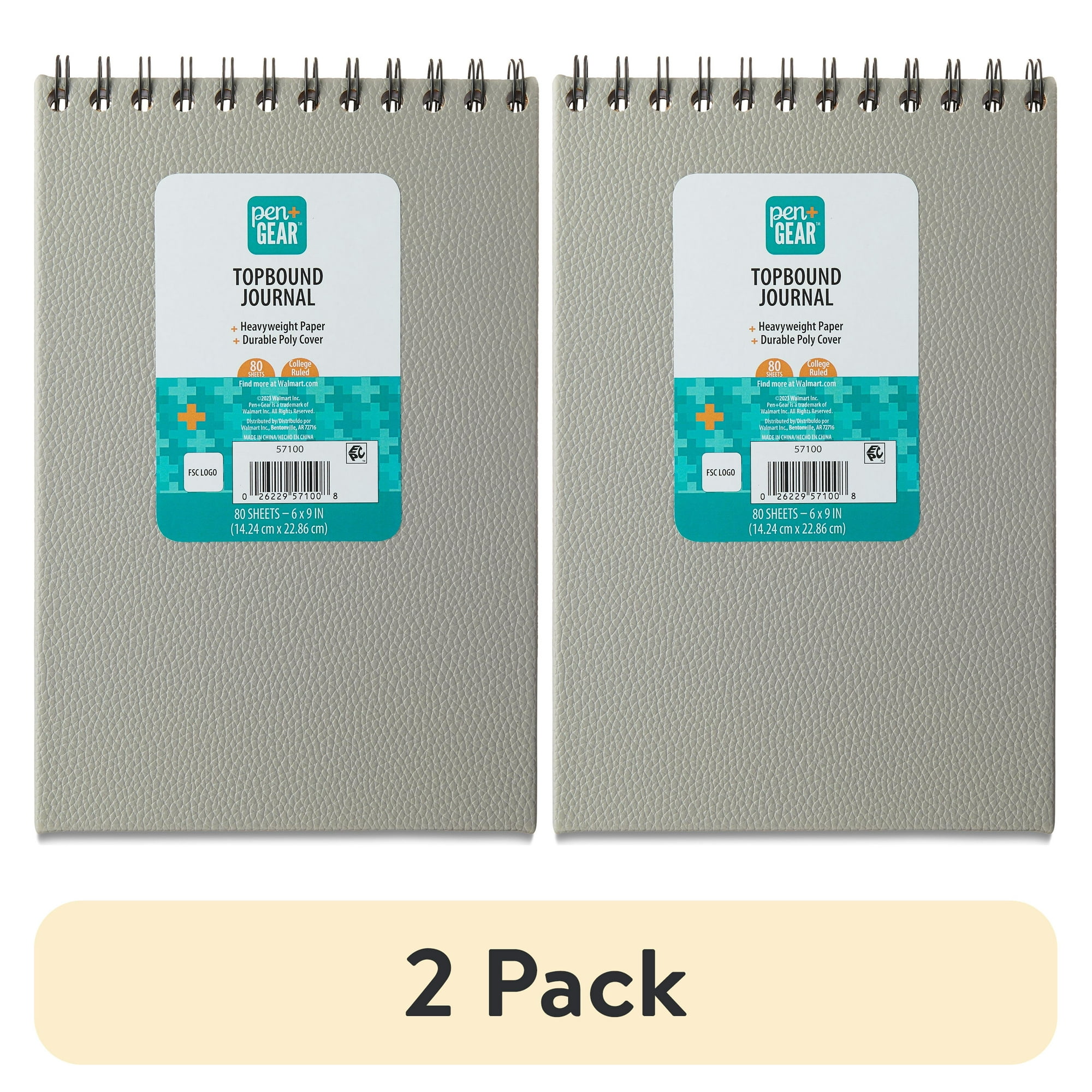 (2 pack) Pen+Gear Top Spiral Bound Journal, Gray, 6 in x 9 in, 80 Sheets, College Ruled