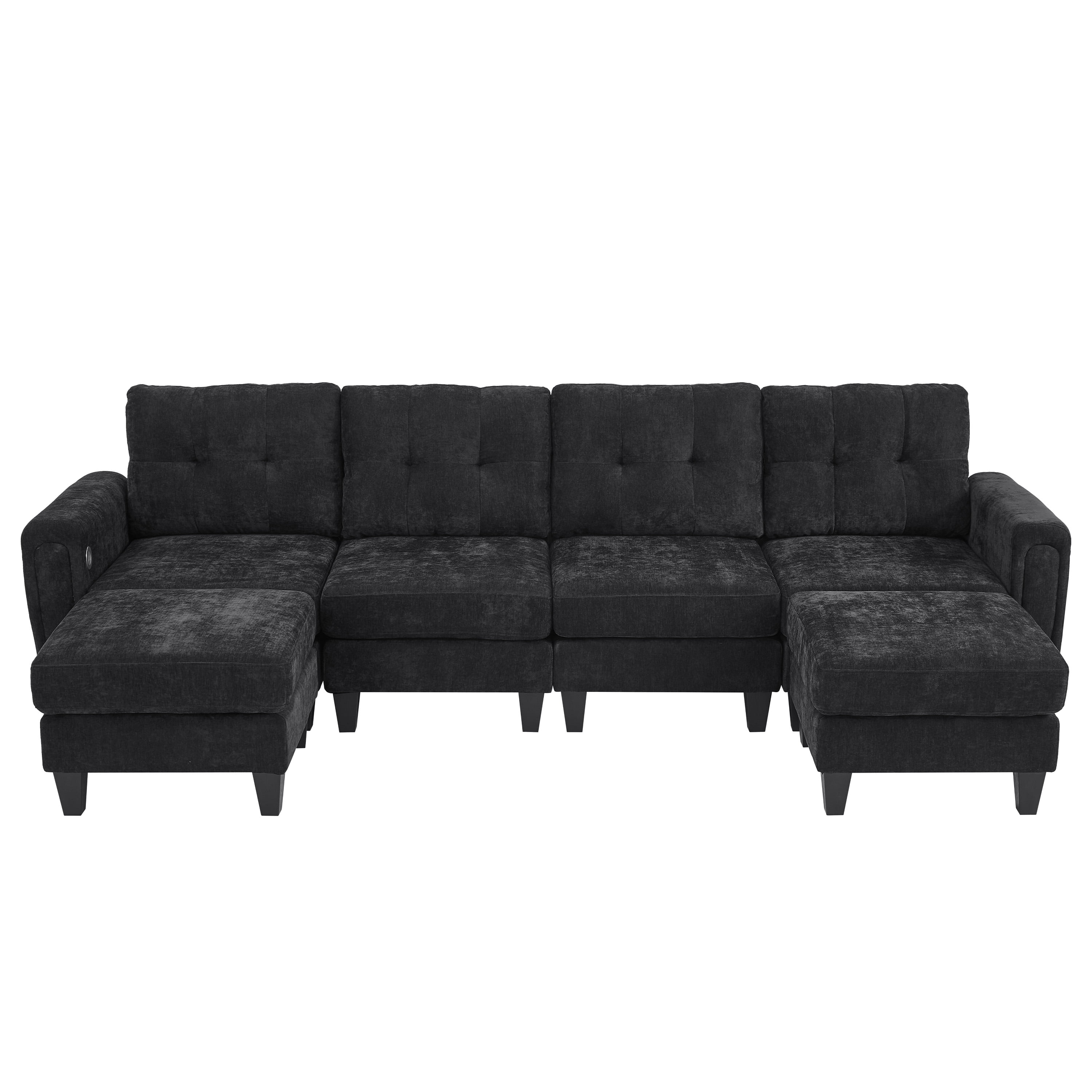 Euroco Modern Sectional Sofa 115" U-shaped Sofa Upholstered Sofa Couch with Two Movable Ottomans, USB Ports and Side Tables for Living Room, Black