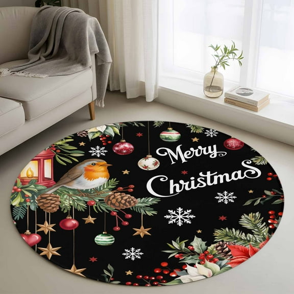 Merry Christmas Round Rug 3ft Washable Circle Entryway Rugs Non Slip Black Xmas Tree Snowflake Poinsettia Area Rug Indoor Floor Carpet for Bedroom Kitchen Living Room Home Office Dining Room Nursery