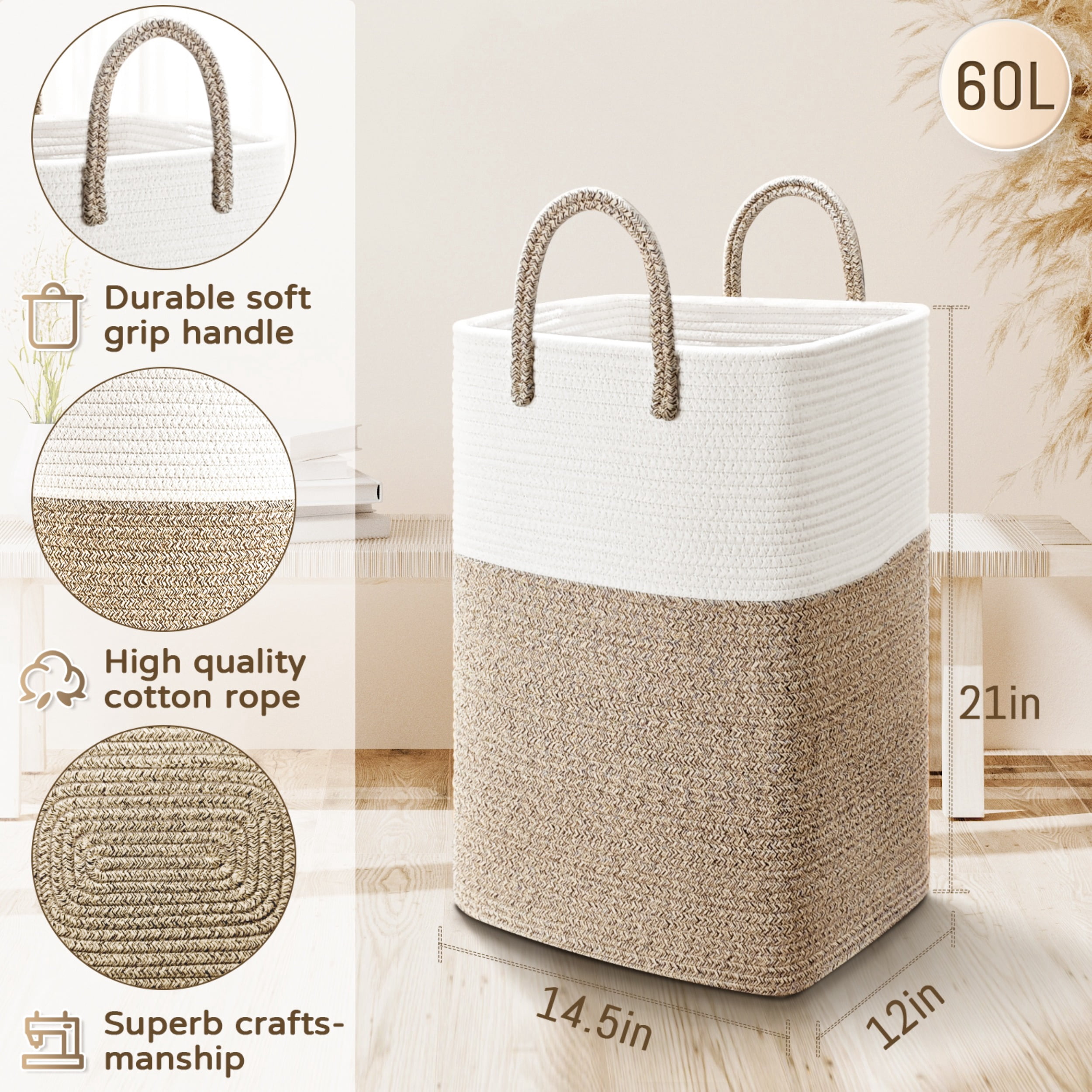 Laundry Basket, Woven Cotton Rope Laundry Hamper, Versatile Storage for Dirty Clothes, Baby Toys, and Blankets in Bathroom, Nursery, and Living Room