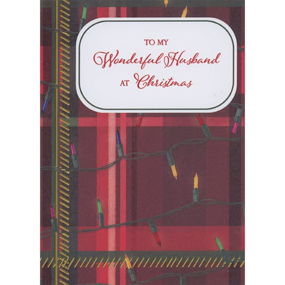 Designer Greetings String of Lights and Repeated Gold Foil Slashes on Dark Red Plaid Pattern Christmas Card for Husband