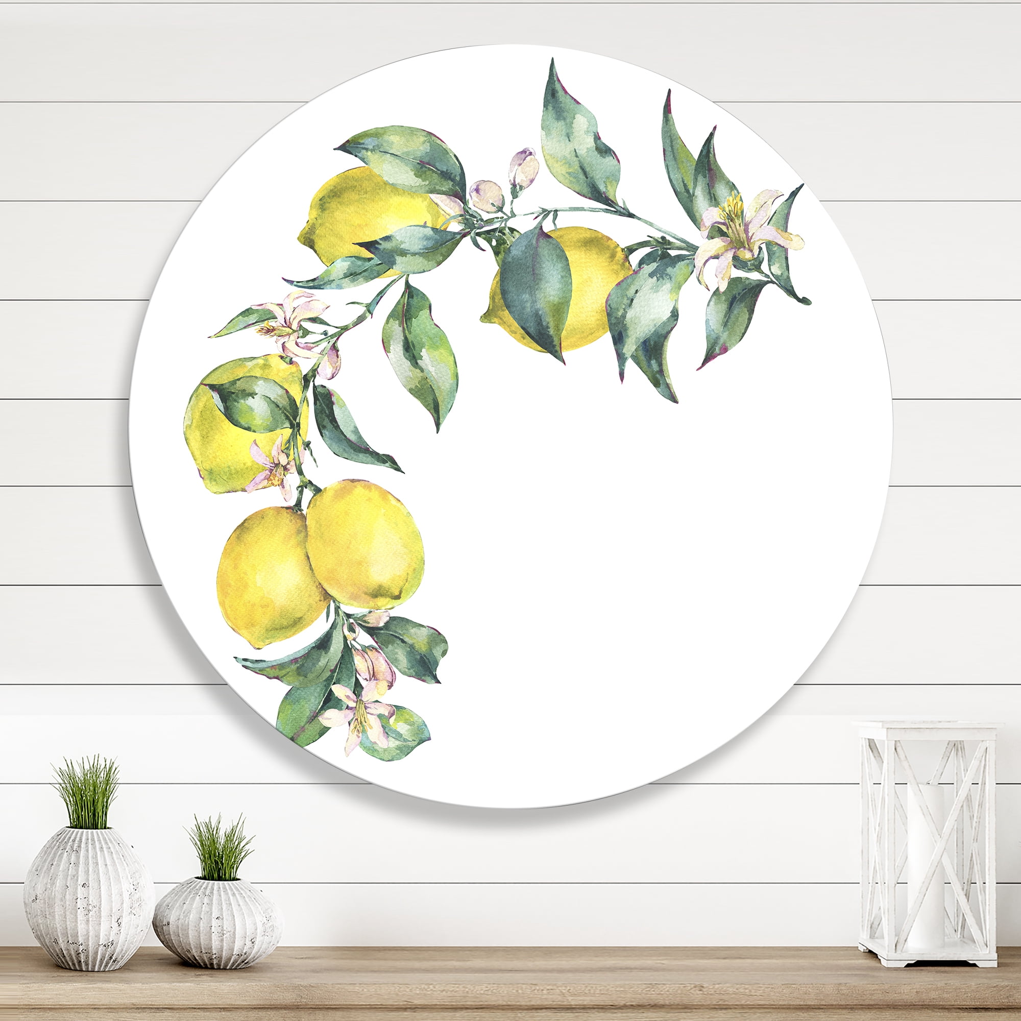 Designart 'Branch of Leaves and Yellow Lemons II' Tropical Circle Metal Wall Art 11x11 - Disc of 11