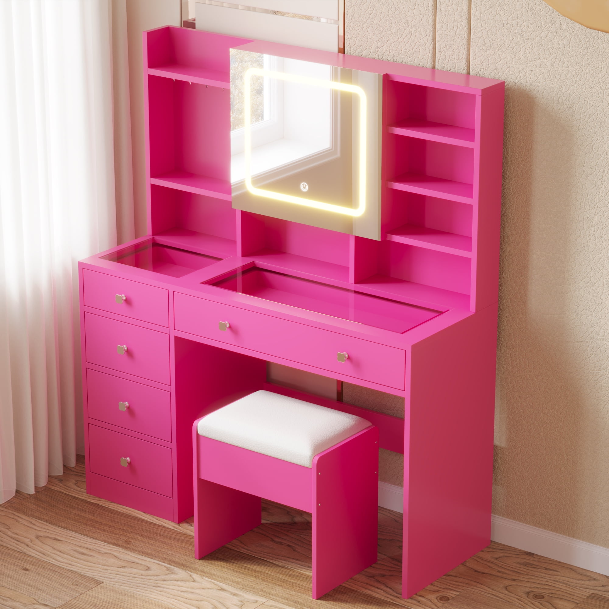 Ktaxon Large 47.2" Makeup Vanity with 3 Color Lights, Dressing Table with USB Charging Station, Pink
