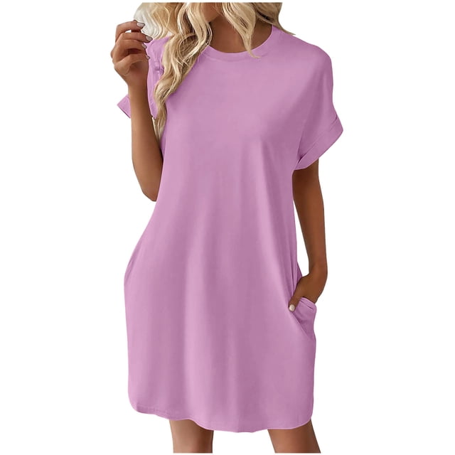 Pisexur Robe à Manches Courtes Col Rond Mode Femme Été Décontracté Robe Unie Col Rond Sans Manches avec Poches Robe Femme en Solde
