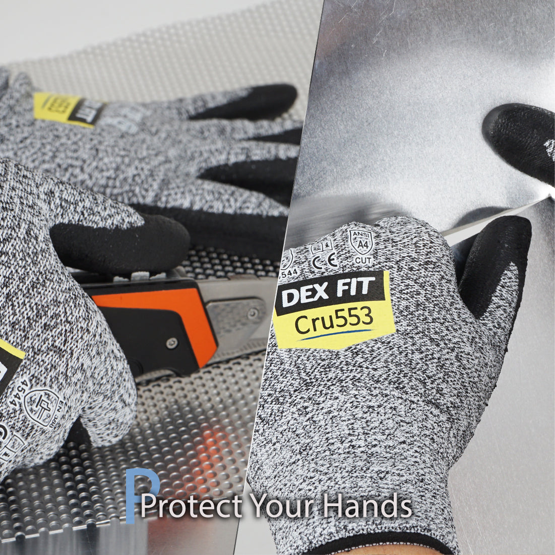 DEX FIT CRU553 Grey Level 5 Cut Resistant Gloves (Power Grip, Durable Foam, X-Large) - 3 Pair