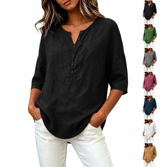 TGSLY Women's 3/4 Sleeve Tops Lightweight Soft Henley V Neck Half-Button Front Cotton Shirts Loose Fit Dressy Casual Solid Color Blouses XL